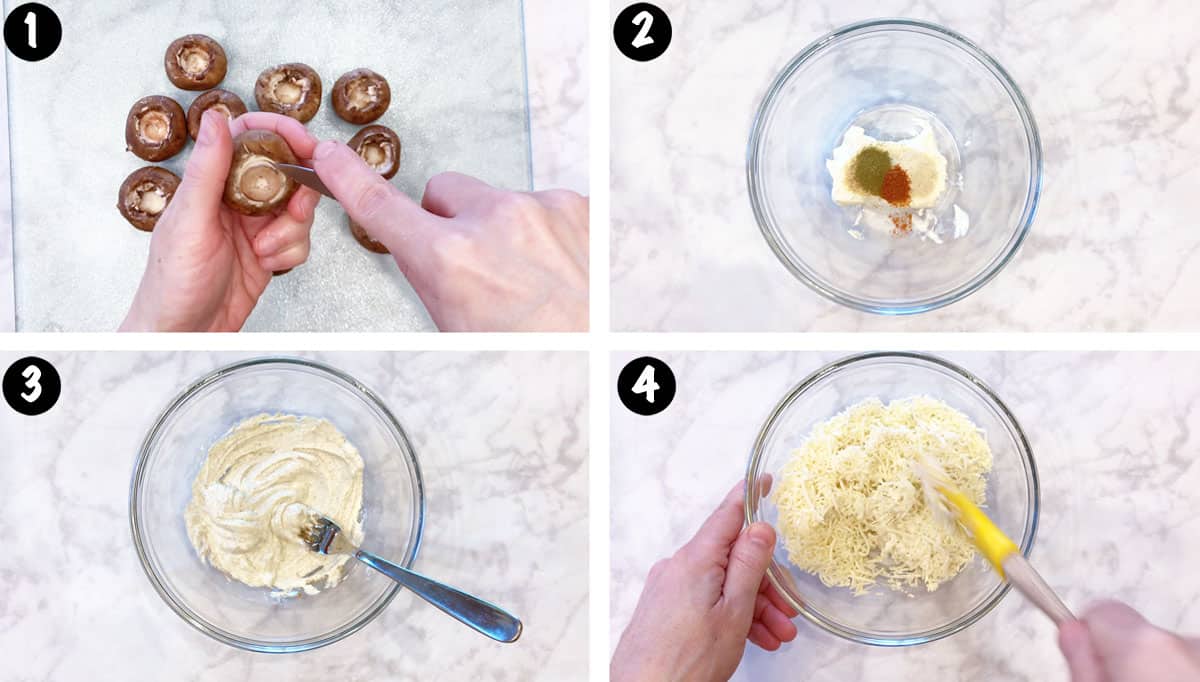 A photo collage showing steps 1-4 for making stuffed mushrooms. 