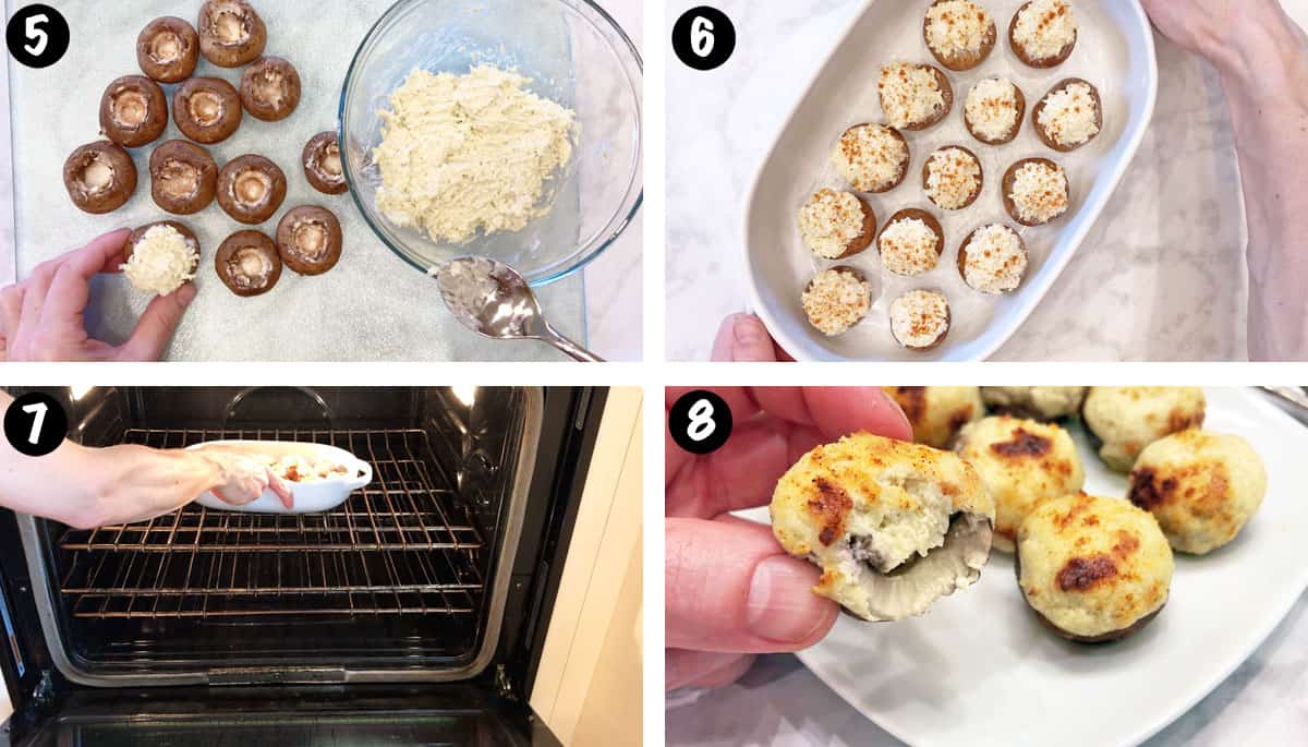 A photo collage showing steps 5-8 for making stuffed mushrooms. 