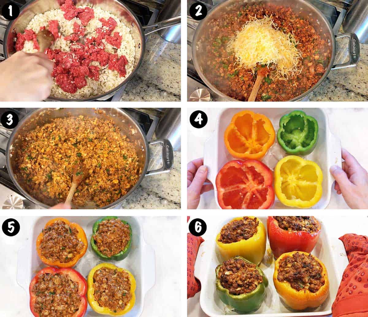 A photo collage showing the steps for making stuffed peppers without rice. 