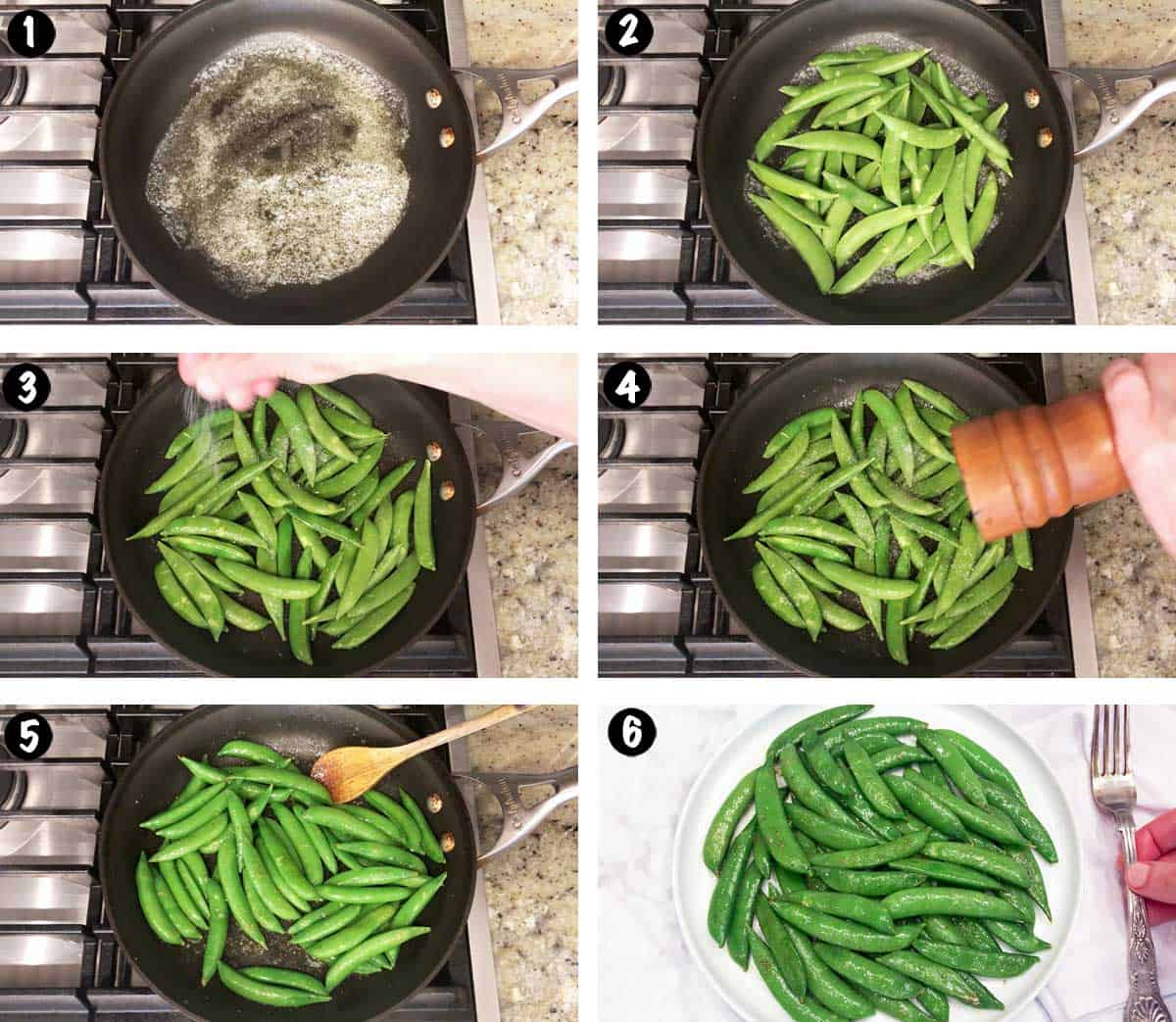 A photo collage showing the steps for cooking sugar snap peas. 