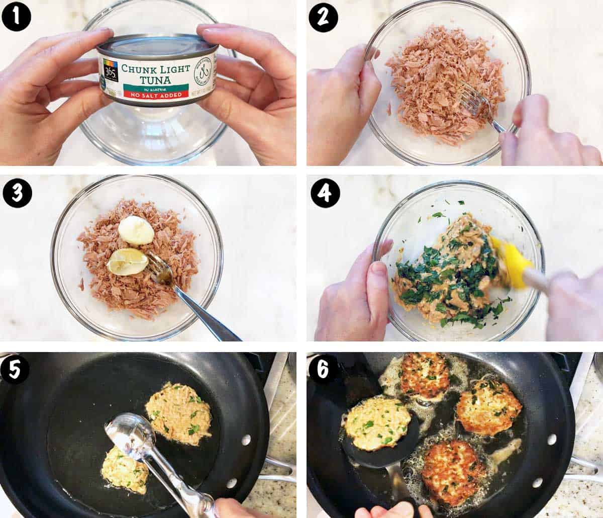 A photo collage showing the steps for making tuna patties. 