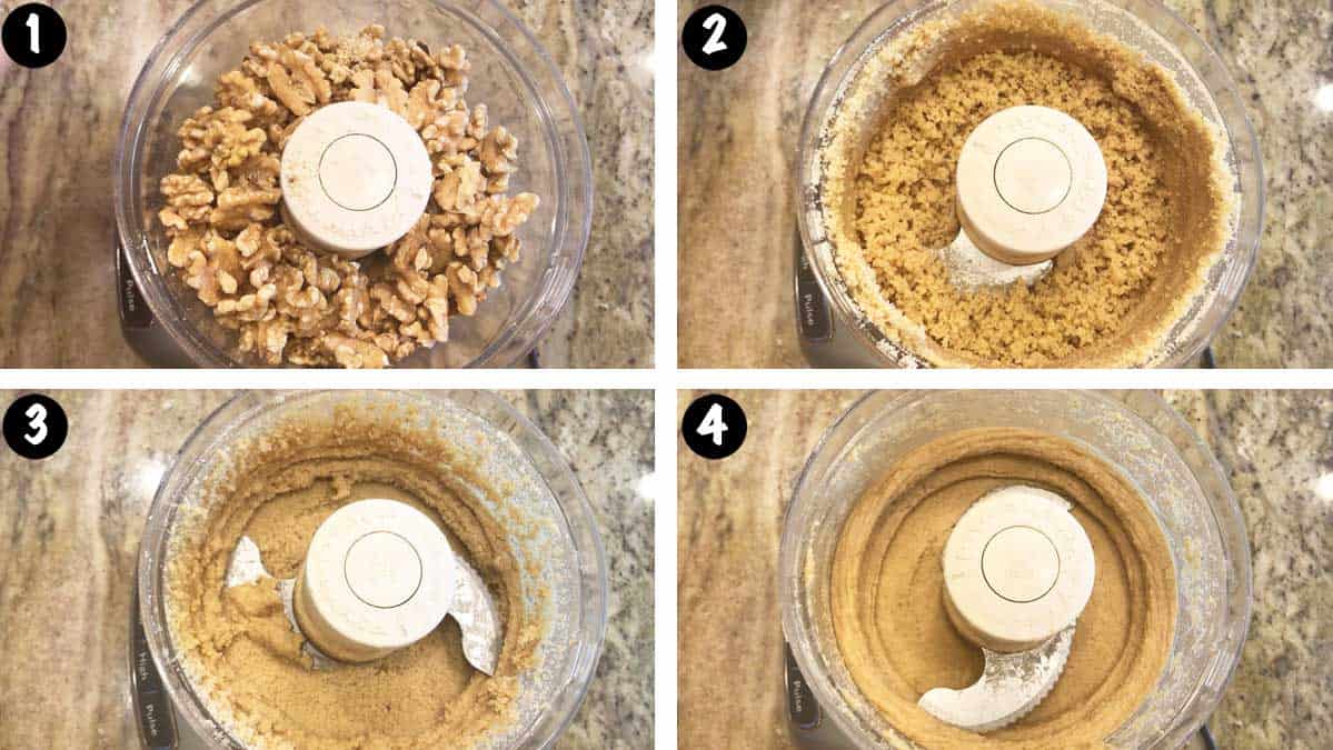 A photo collage showing the steps for making walnut butter at home. 