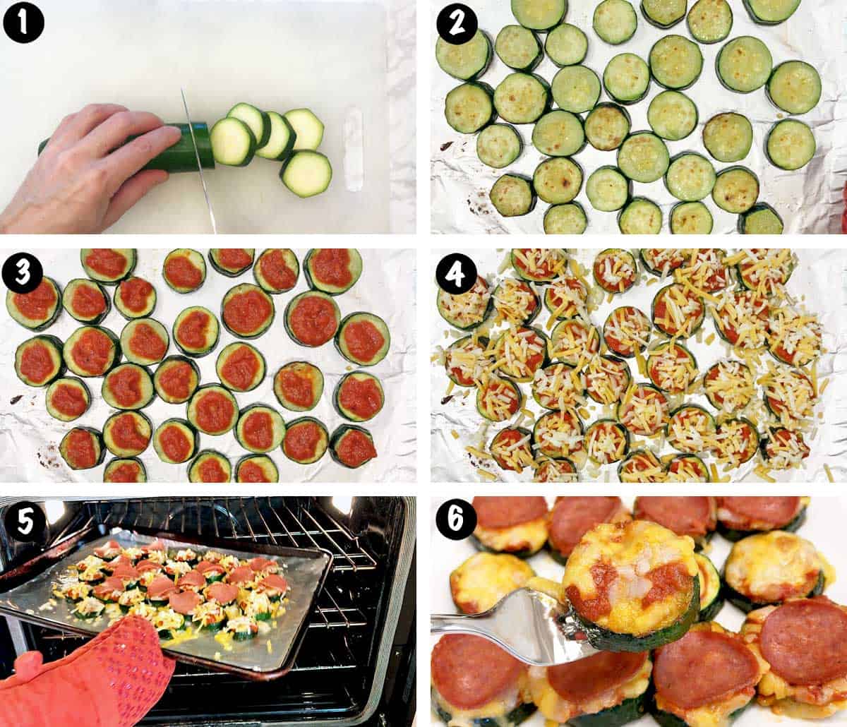A six-photo collage showing the steps for making zucchini pizza bites. 