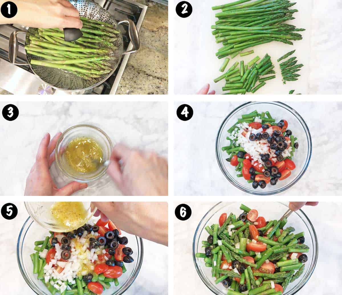 A photo collage showing the steps for making asparagus salad. 