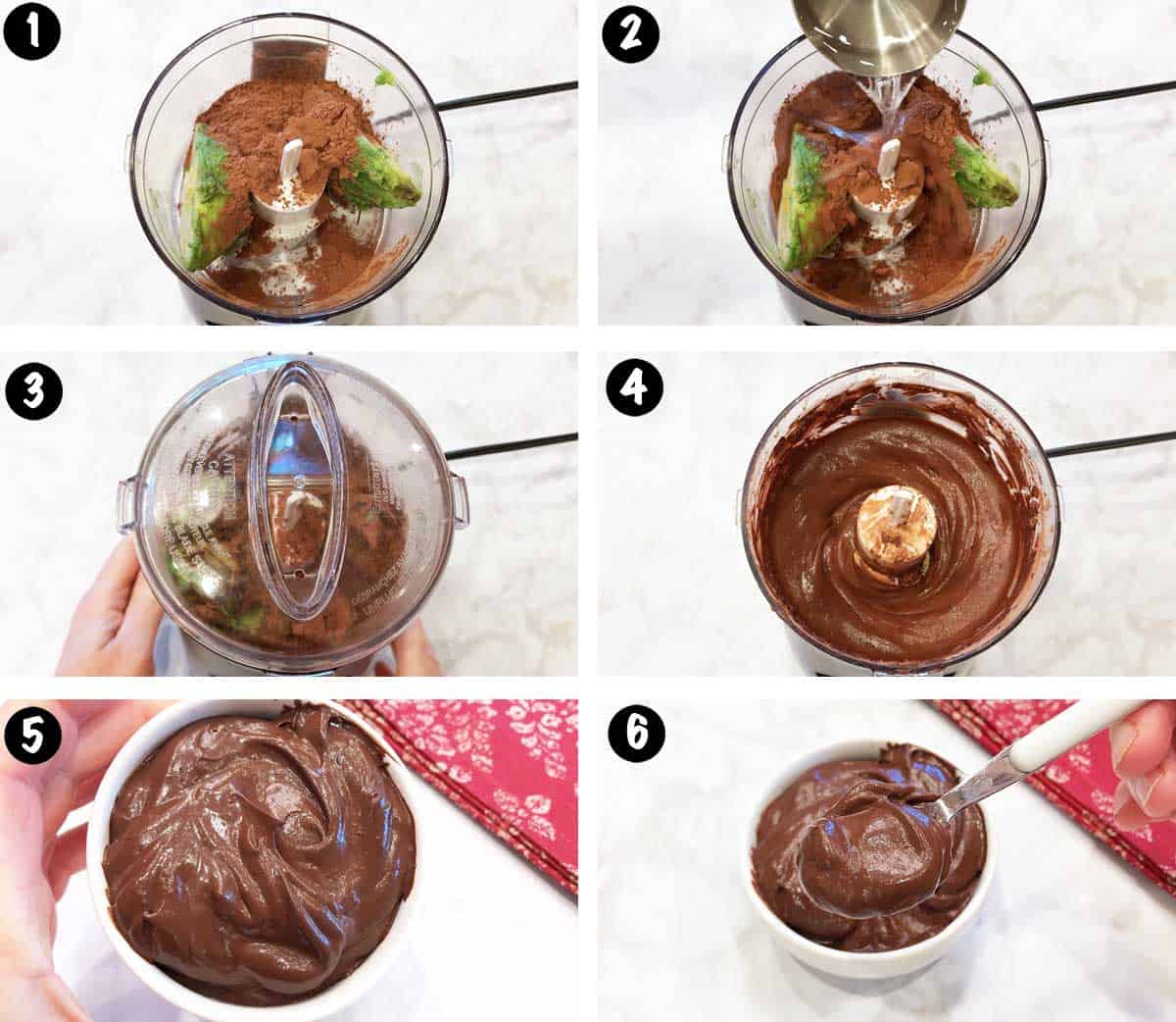 A six-photo collage showing the steps for making an avocado chocolate mousse. 