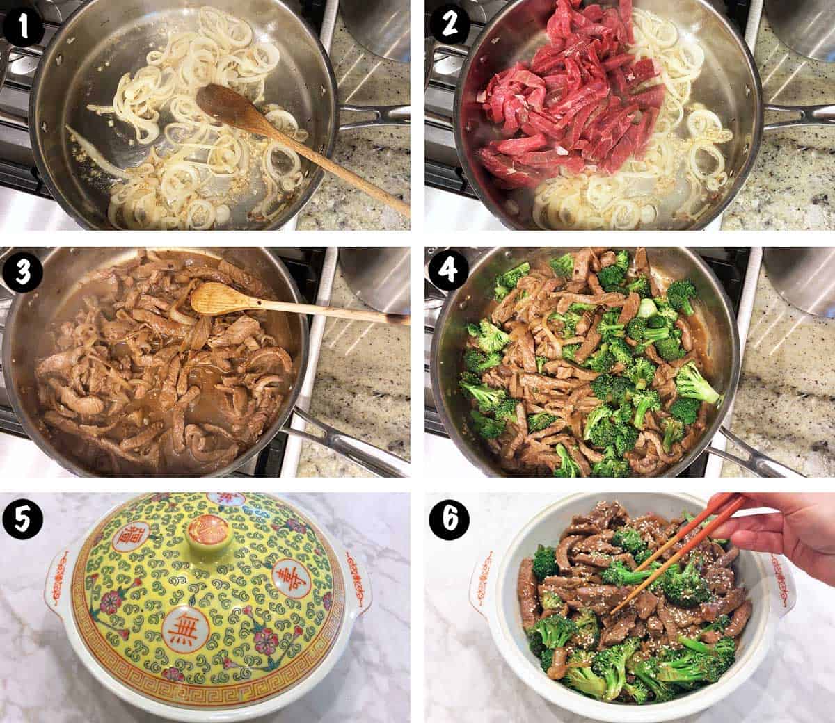 A six-photo collage showing the steps for making beef and broccoli. 