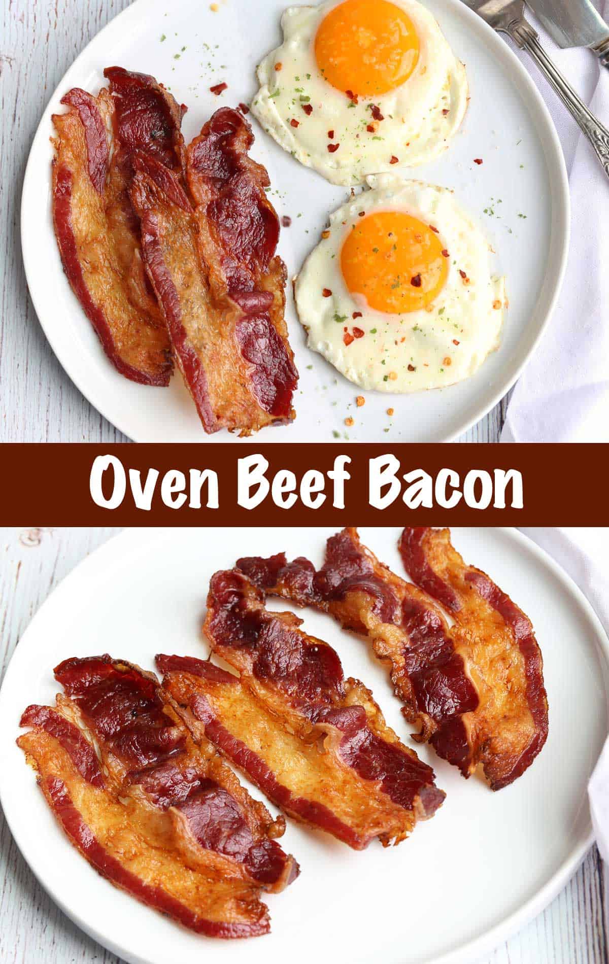 A two-photo collage of beef bacon: one of the bacon served with eggs, and one of three bacon strips. 