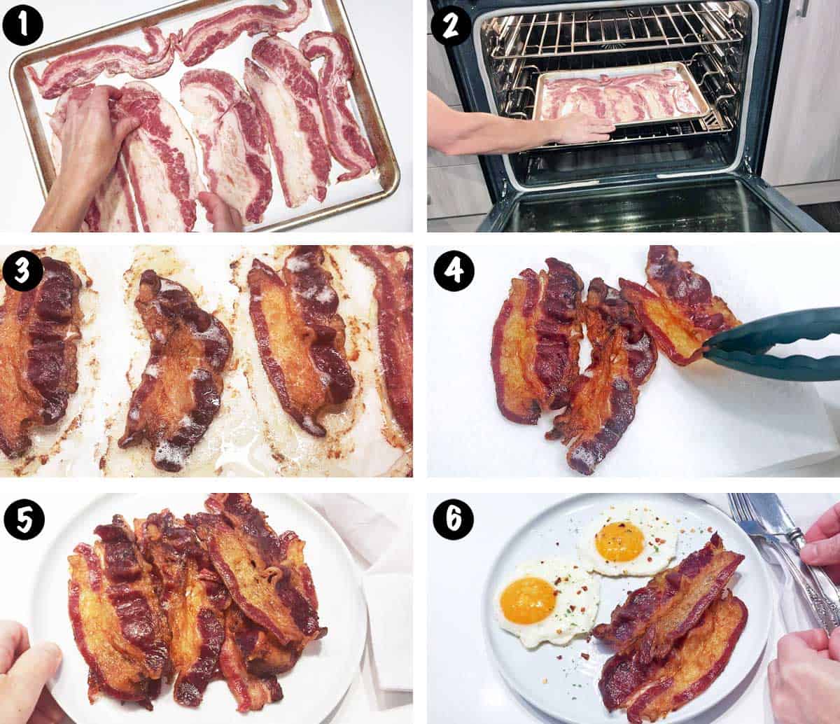 A photo collage showing the steps for cooking beef bacon in the oven. 