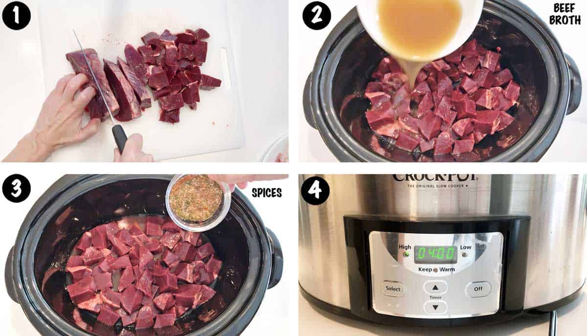 A photo collage showing steps 1-4 for cooking beef heart. 
