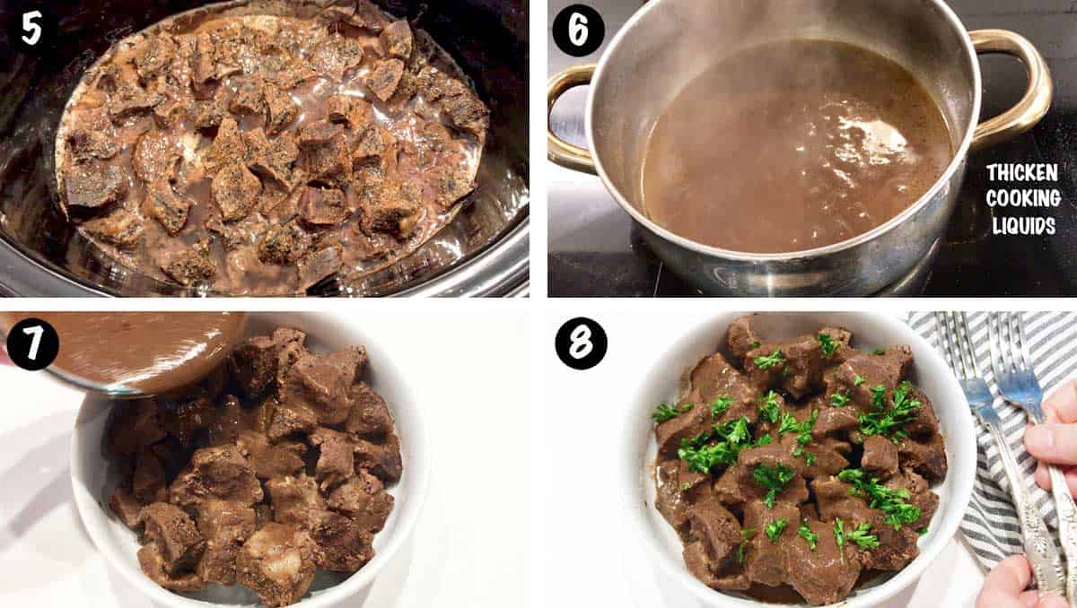 A photo collage showing steps 5-8 for cooking beef heart. 