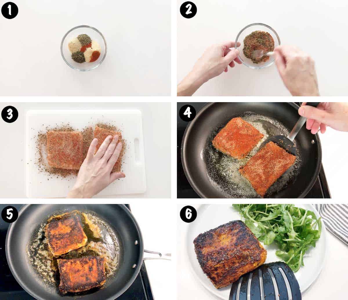 A six-photo collage showing the steps needed to make blackened halibut. 