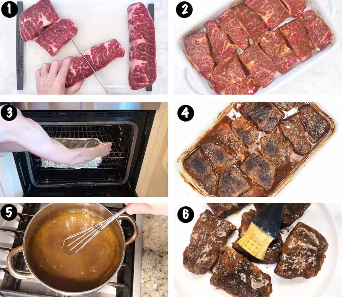 A six-photo collage showing the steps for cooking boneless short ribs. 
