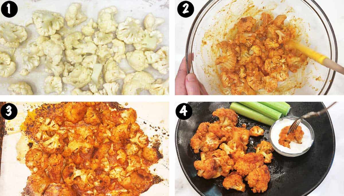 A photo collage showing the steps for making buffalo cauliflower wings. 
