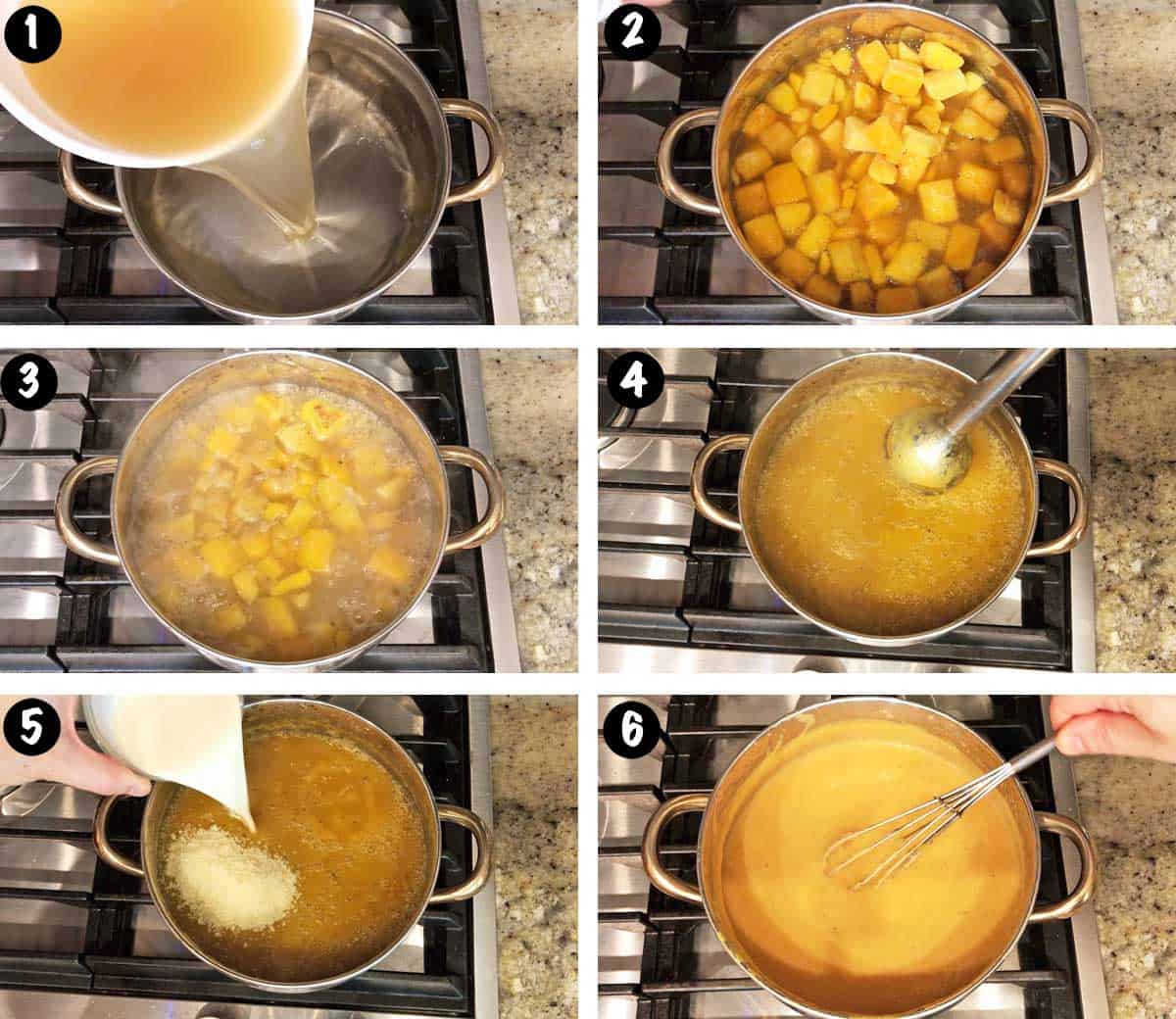 A six-photo collage showing the steps for making butternut squash soup. 