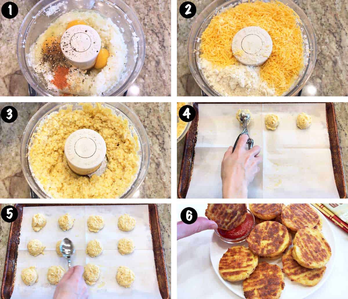 A photo collage showing the steps for making cauliflower tots. 
