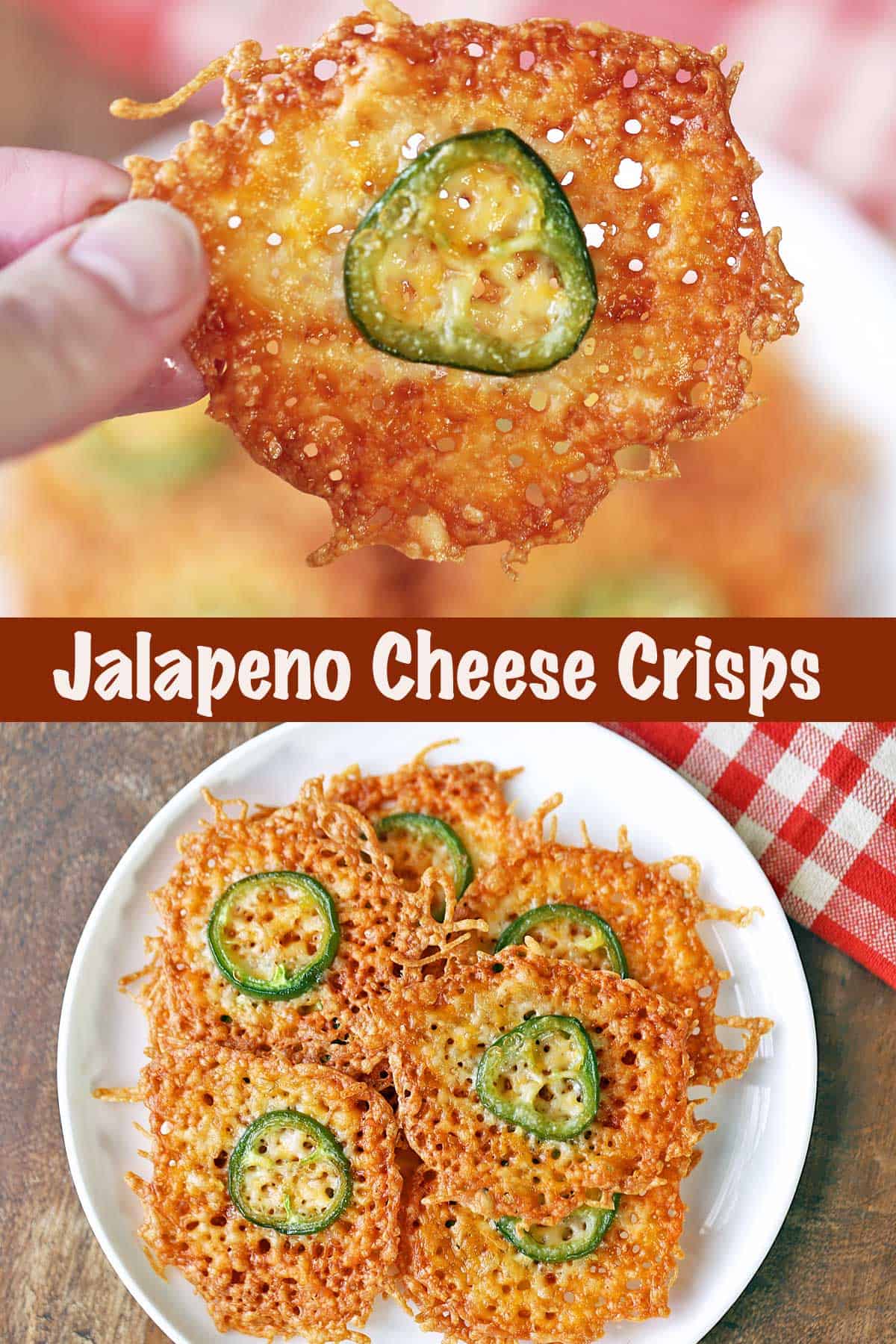 A two-photo collage showing cheese crisps on a plate and held in one hand. 