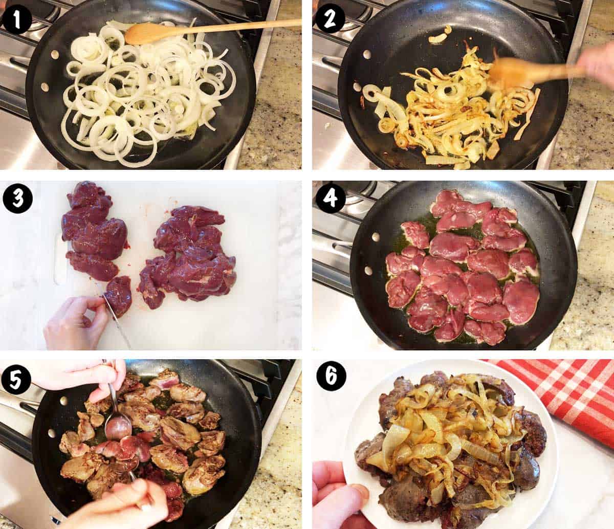 A photo collage showing the steps for cooking chicken livers.
