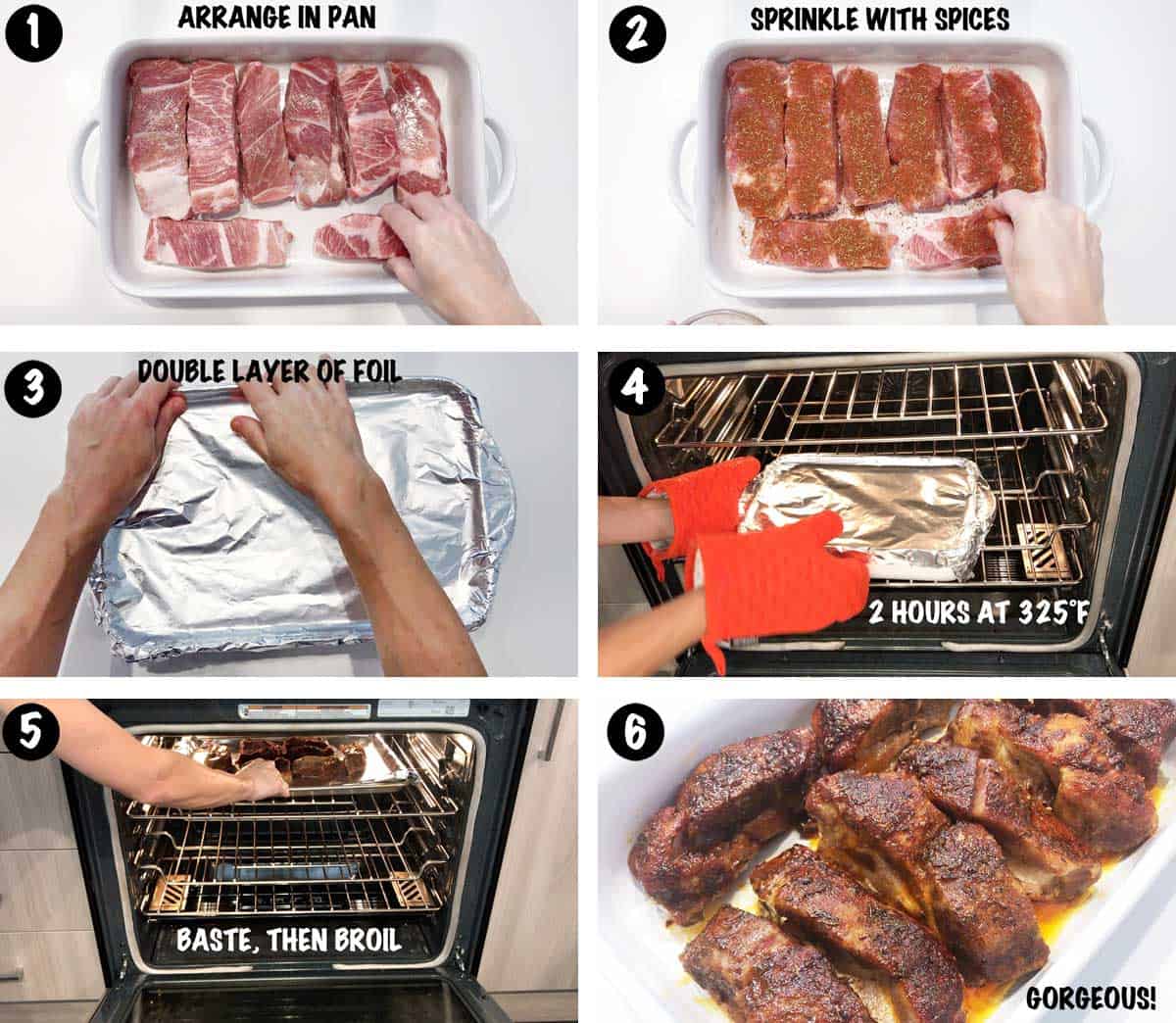 A six-photo collage showing the steps for cooking country-style pork ribs. 