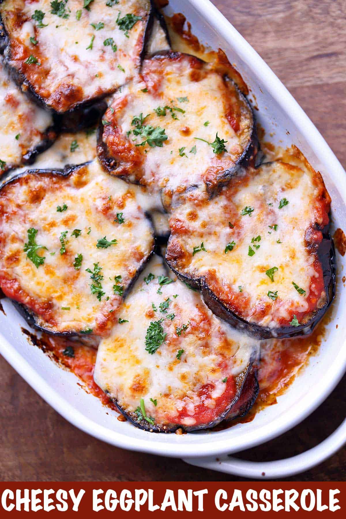 Eggplant casserole served in a baking dish. 