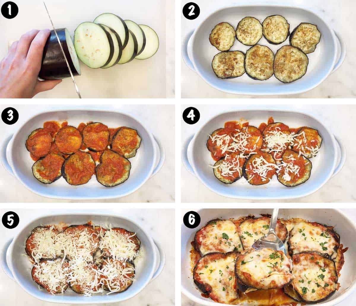 A six-photo collage showing the steps for making an eggplant casserole.