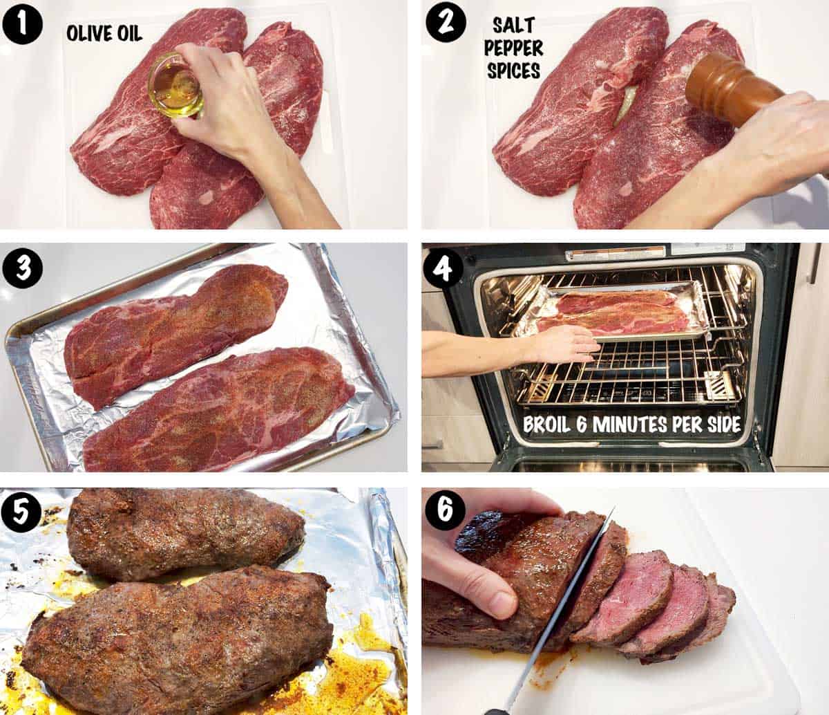 A photo collage showing the steps for cooking a flat iron steak. 
