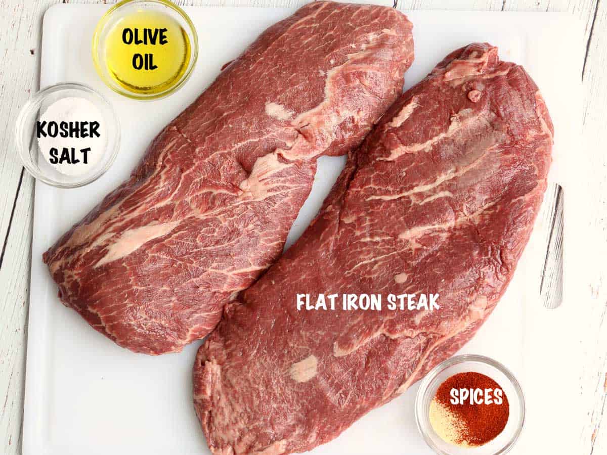 The ingredients needed to cook a flat iron steak. 
