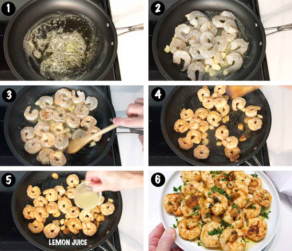 A six-photo collage showing the steps for making garlic butter shrimp. 