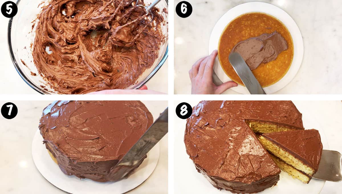 A photo collage showing steps 5-8 for making a low-carb birthday cake.