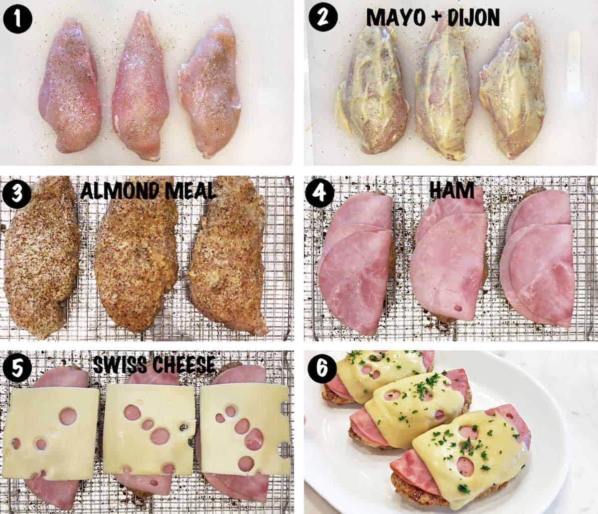 A six-photo collage showing the steps for making keto chicken cordon bleu. 