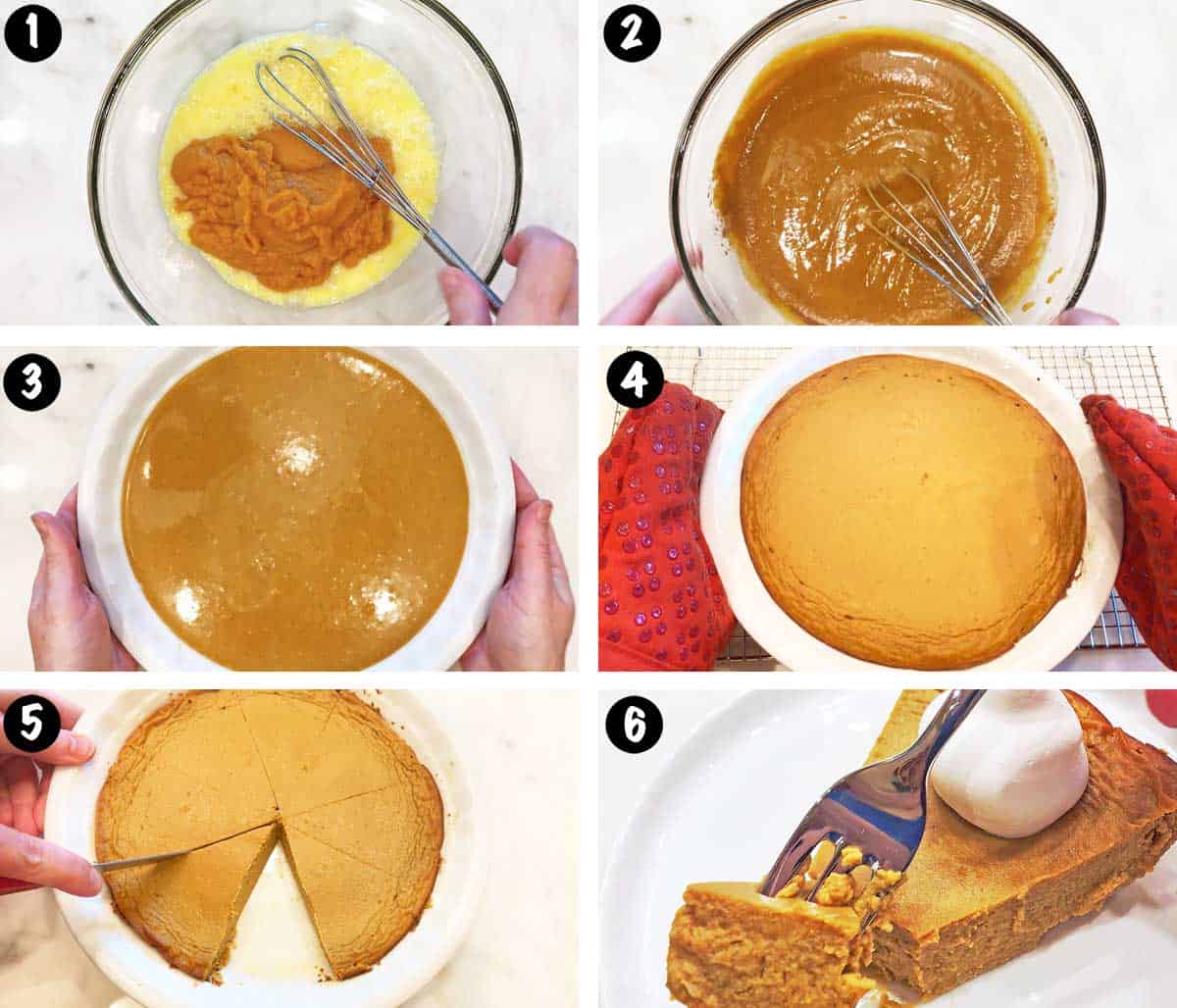 A six-photo collage showing the steps for making a keto pumpkin pie.  