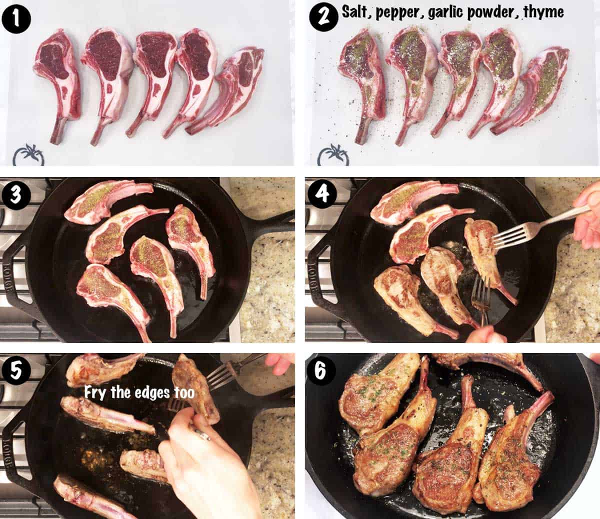 A six-photo collage showing the steps for cooking lamb chops. 