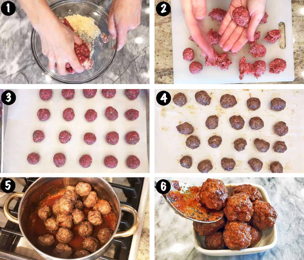 A six-photo collage showing the steps for making baked meatballs. 