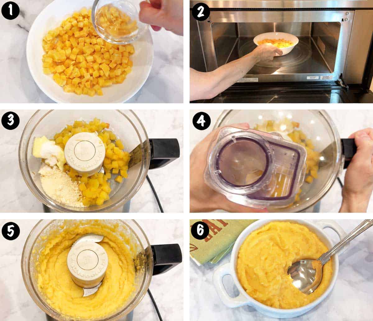 A photo collage showing the steps for making mashed butternut squash. 