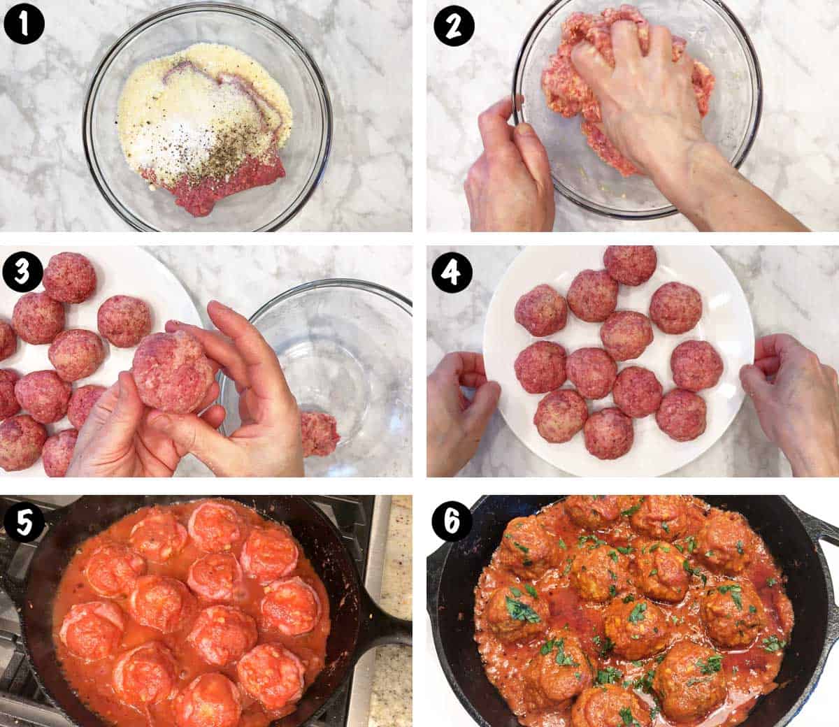 A photo collage showing the steps for making meatballs with tomato sauce. 