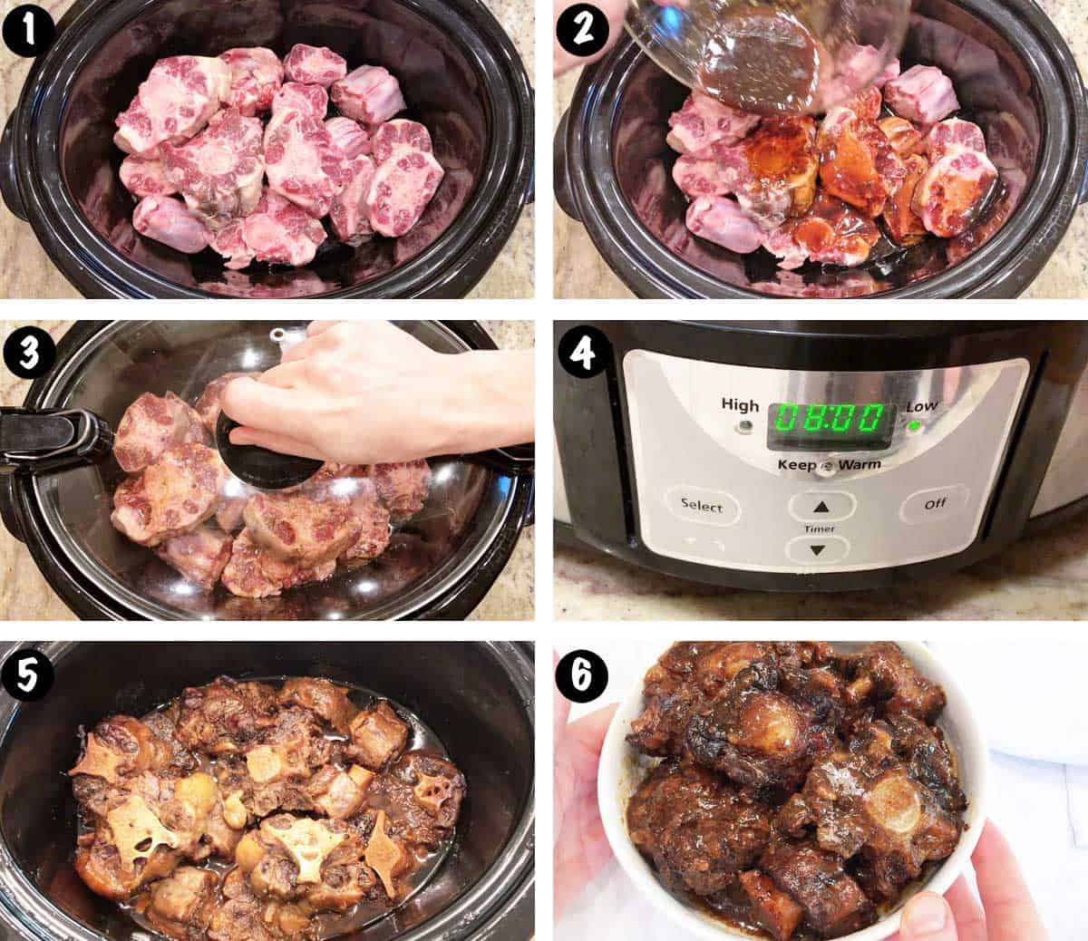 A six-photo collage showing the steps for cooking an oxtail stew in the slow cooker. 