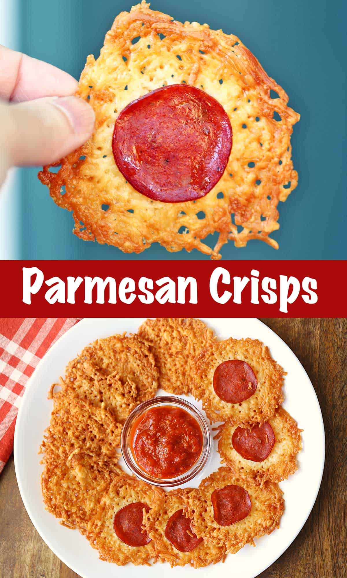 A two-photo collage of parmesan crisps, one with a crisp held up in the air, and one with crisps served on a plate.