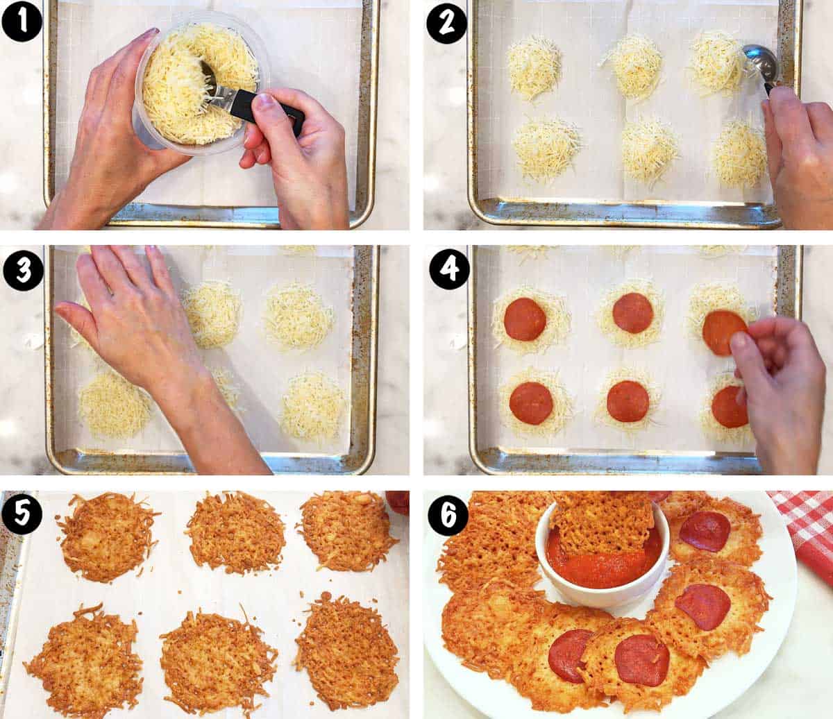 A photo collage showing the steps for making parmesan crisps. 