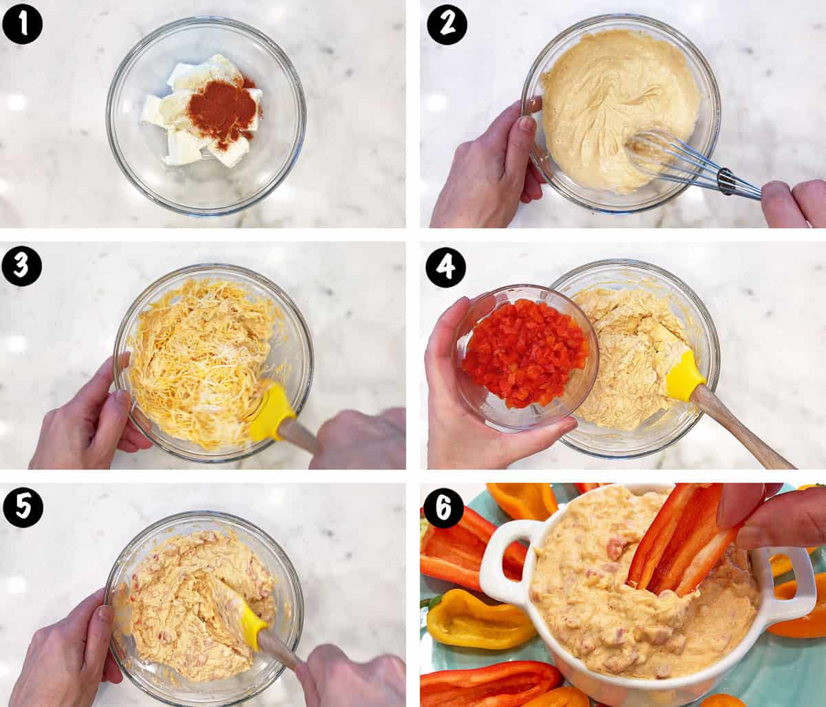 A six-photo collage showing the steps for making pimento cheese.