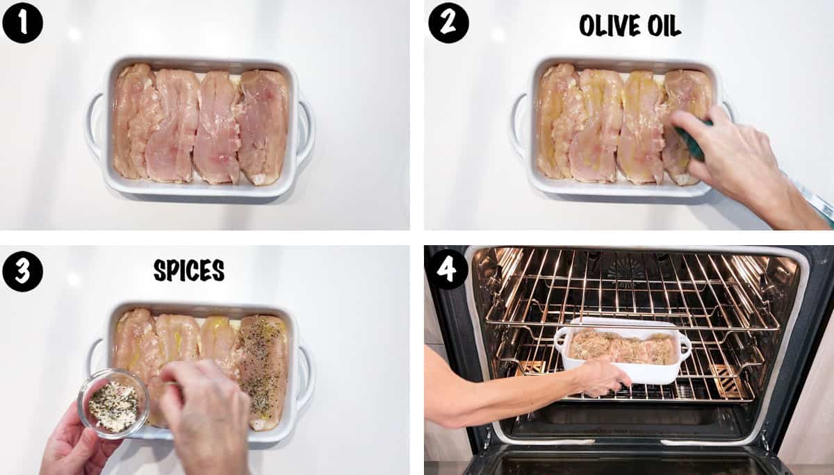 A photo collage showing steps 1-4 for making pizza chicken. 