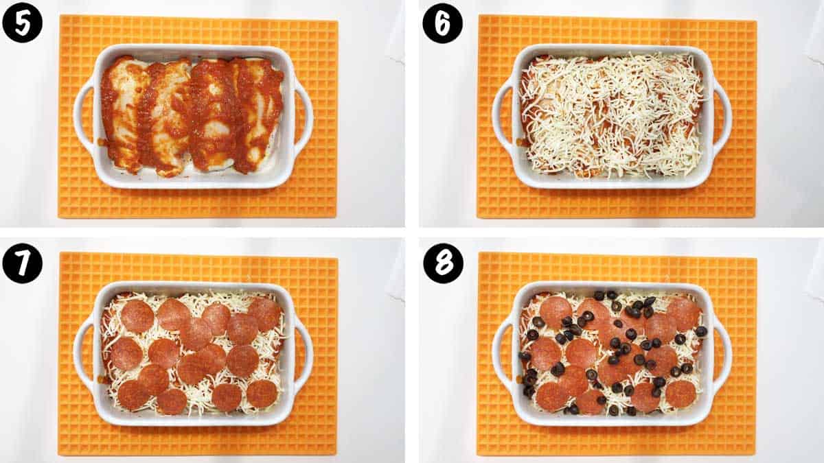 A photo collage showing steps 5-8 for making pizza chicken. 