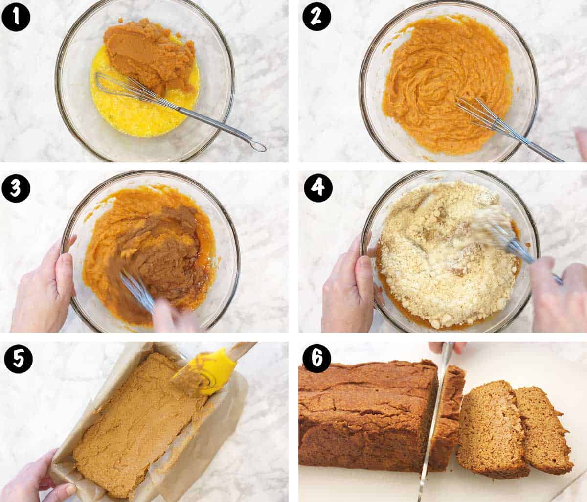 A photo collage showing the steps for making a low-carb pumpkin bread. 