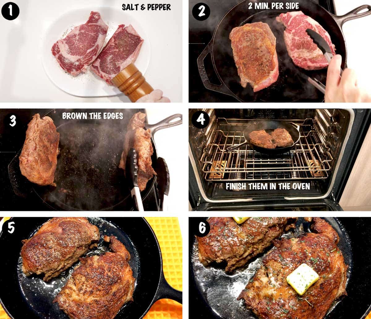 A photo collage showing the steps for cooking ribeye steaks in a cast-iron skillet. 
