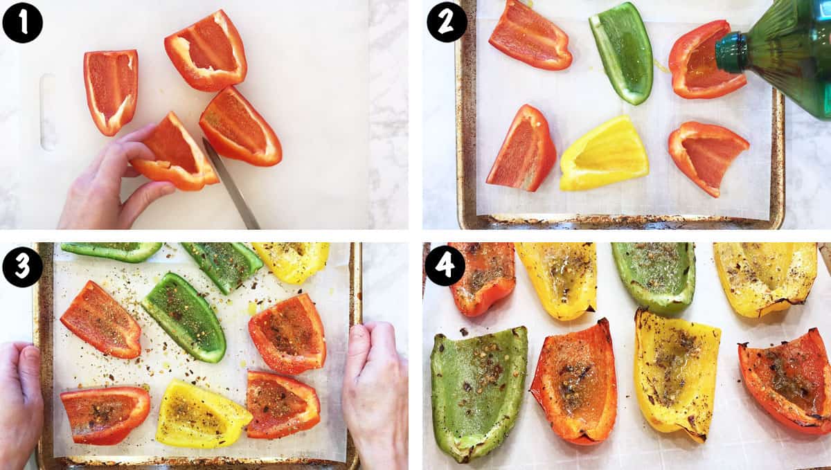 A four-photo collage showing the steps for roasting peppers. 