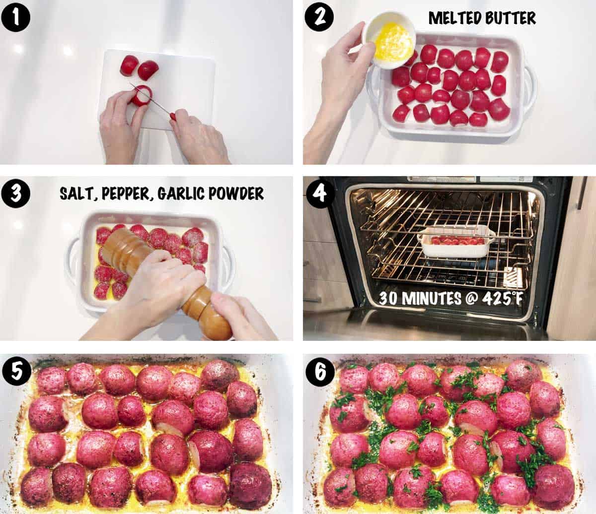 A six-photo collage showing the steps for roasting radishes. 