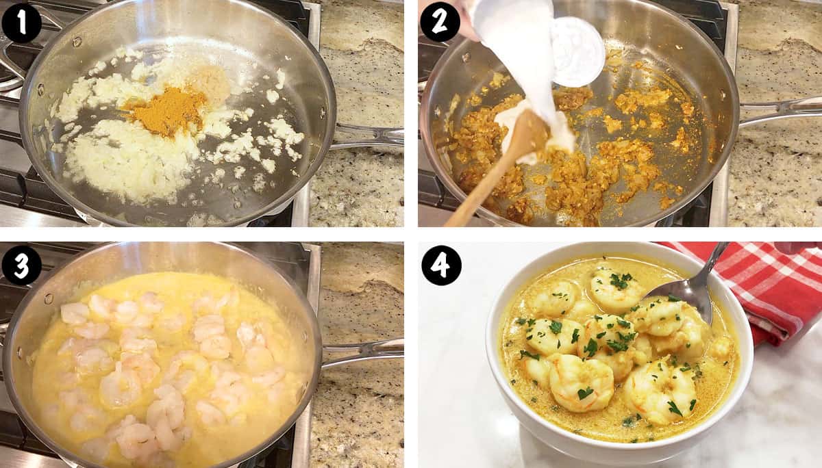 A photo collage showing the steps for making a shrimp curry. 