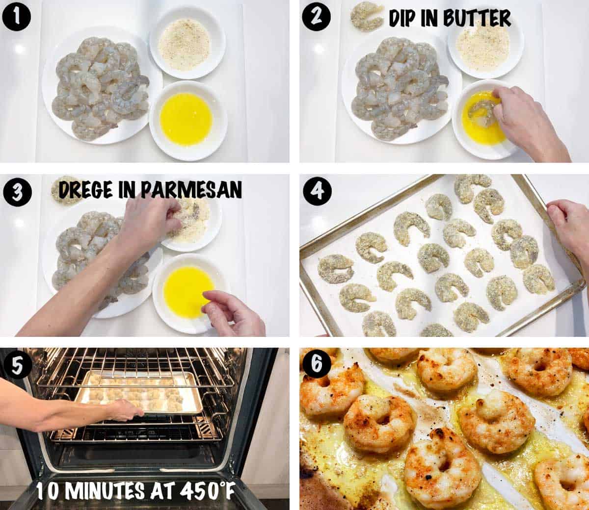 A six-photo collage showing the steps for making shrimp parmesan. 