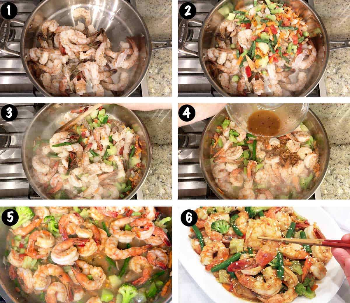 A photo collage showing the steps for making a shrimp stir-fry.