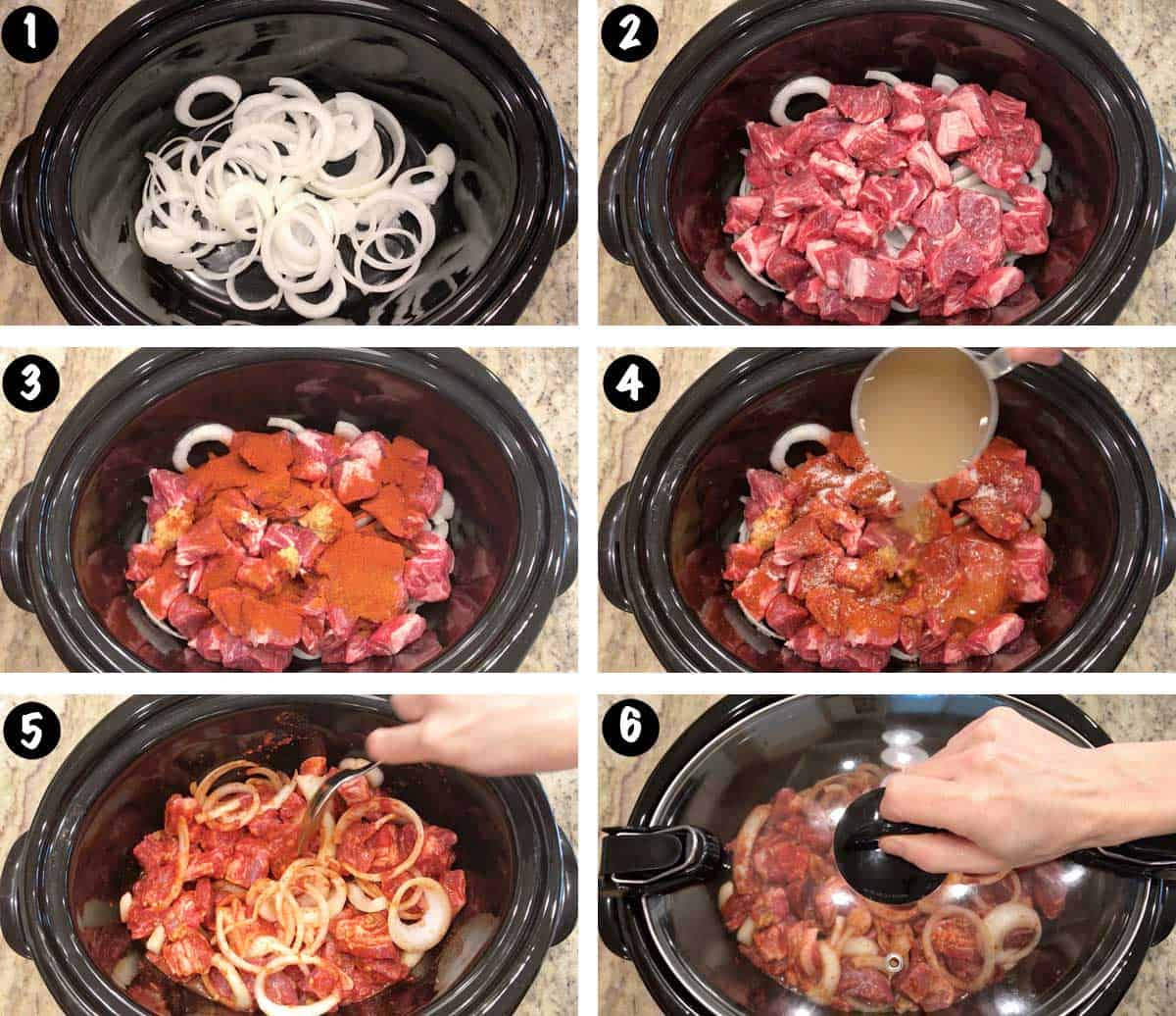 A six-photo collage showing the steps for cooking Hungarian goulash in the slow cooker. 