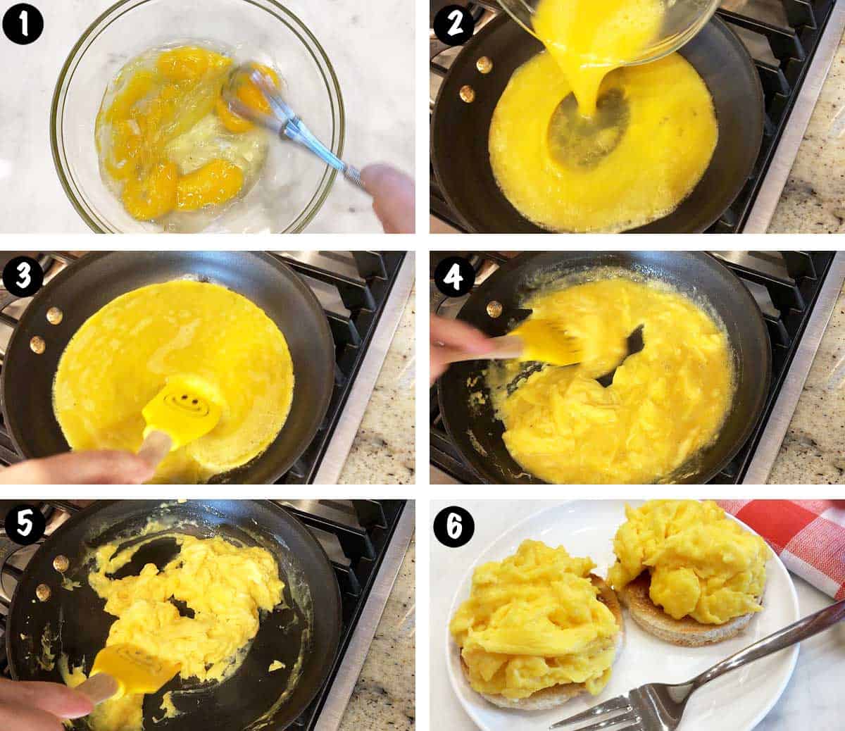 A six-photo collage showing the steps for cooking soft-scrambled eggs.