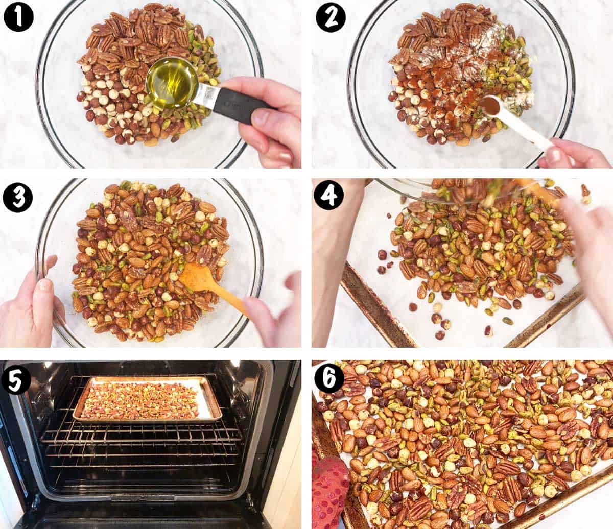 A six-photo collage showing the steps for making roasted nuts.